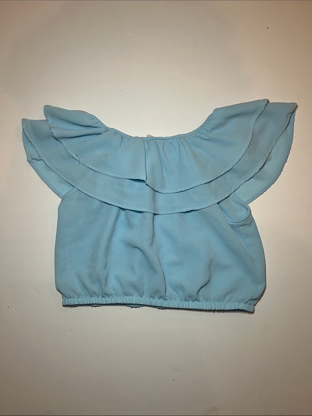 Light Blue Ruffled Off-Shoulder Cropped Top - Picture 2 of 2
